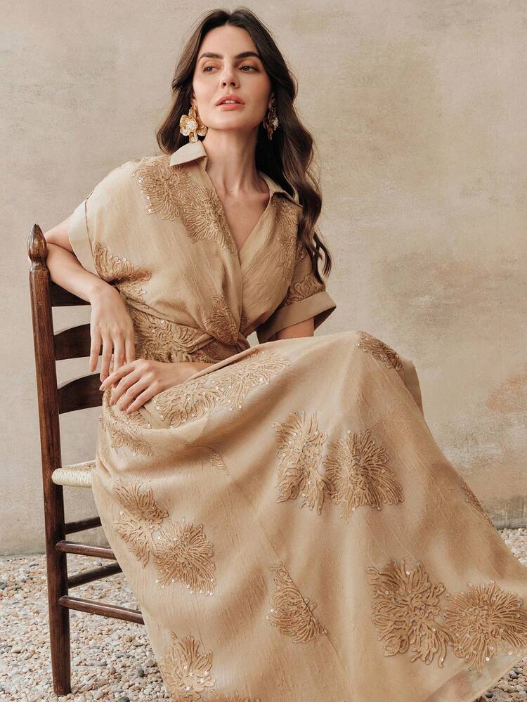 Beige Elegant Embroidered Cinched Waist V-Neck Short Sleeve Long Shirt Dress, Summer Luxury Dress For Women