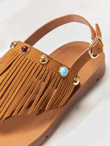 Mini mi #BohoCute Sandal Anak-Anak Dekorasi Batu dan Rumbai Bahan Suede Vegan Premium Warna Cokelat Muda Model Slingback dengan Tali Jari Kaki – Lembut, Aman & Nyaman - Merah tua - View 6