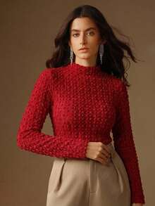 Anewsta Áo lót cổ cao ren nhung thanh lịch, chất lượng cao dành cho nữ mùa thu/đông. - Màu Đỏ Sâu - Xem 6