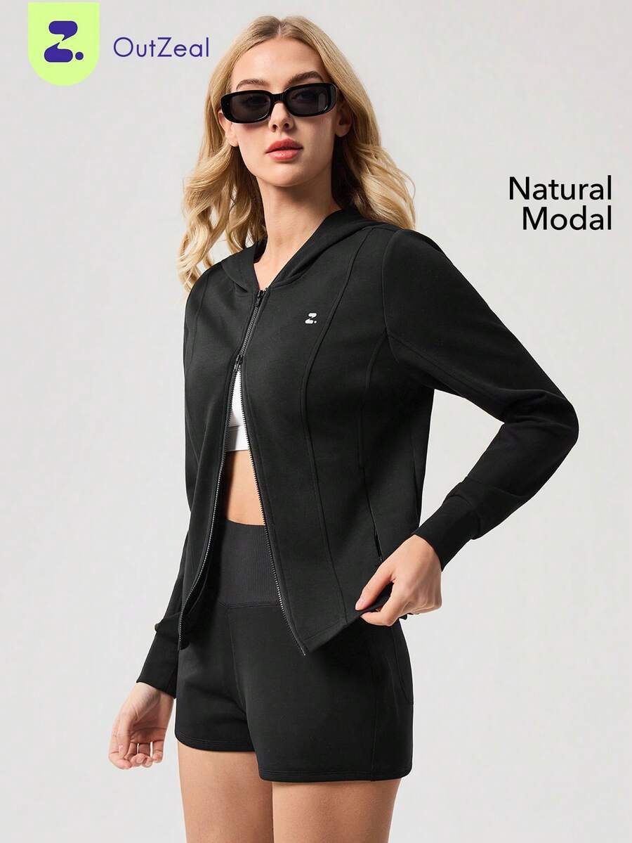 OutZeal Women Sports Jacket Black Daily Casual Model Hooded Zip-Up Active Tops - Black - View 1