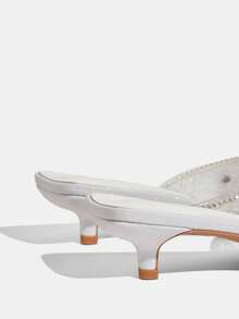 CUCCOO TILAWA Fashionable Square Toe Kitten Heel White Open Toe Transparent Rhinestone Slip-On Sandals, Stylish & Elegant Mid-Heel Dress Sandals For Women - White - View 4