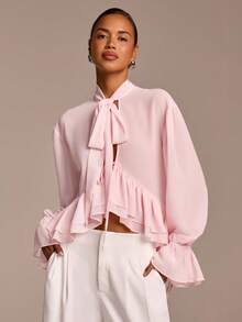 COSMINA Damen rosa Rüschen-Langarmbluse mit Schaltuch, lässig elegante Resort Romantik Boho Chiffon Rüschen Bluse - Babypink - Übersicht 5
