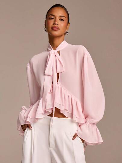 COSMINA Women's Pink Ruffled Long Sleeve Blouse With Scarf Tie, Casual Elegant Resort Romantic Bohemian Sheer Ruffled Blouse