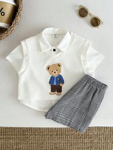 SHEIN LMoss Kids 男婴卡通熊印花背心、白色衬衫、松紧腰短裤三件套绅士套装 - 彩色 - 查看 5