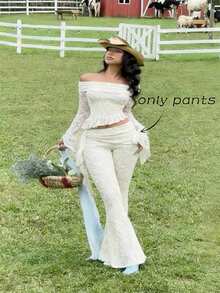 SHEIN MOD 大码女士拼接荷叶边优雅蕾丝喇叭裤，适合度假、音乐节、波西米亚风、假日约会、下午茶、夏季、音乐节和西式风格 - 杏色 - 查看 5