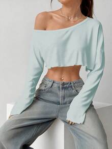 Flirla Áo croptop tay dài dáng rộng, gợi cảm, vai lệch, thoải mái - Màu xanh bạc hà - Xem 3