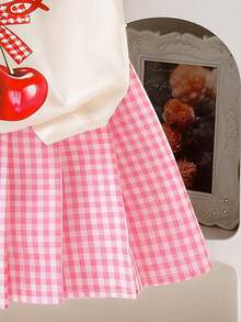 Elladie kids Set de 2 piezas de blusa de manga corta y falda a cuadros para niñas pequeñas, blusa color albaricoque con estampado de cereza y letras, combinada con mini falda a cuadros, conjunto casual de verano dulce y de moda - Rosa Fucsia - Ver 4