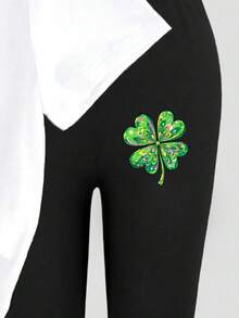 Ensemble de t-shirt court et leggings pour filles pré-adolescentes, style printemps et été décontracté, créatif, personnalisé, frais, élégant, minimaliste avec imprimé de trèfle, floral, vert, numéro 67, cœur, étoile, nœud. Confortable, styles d'été et d'automne adaptés pour les filles au printemps, en été et en automne - Multicolore - Voir 4