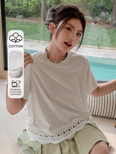 Dazy Plus Crew Neck Short Sleeve White T-Shirt With Lace Hem, Casual For Girls