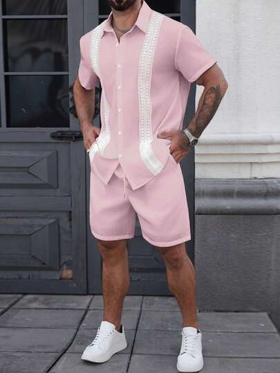 Manfinity CasualCool Men's Contrast Color Short Sleeve Retro Front Button Summer Shirt