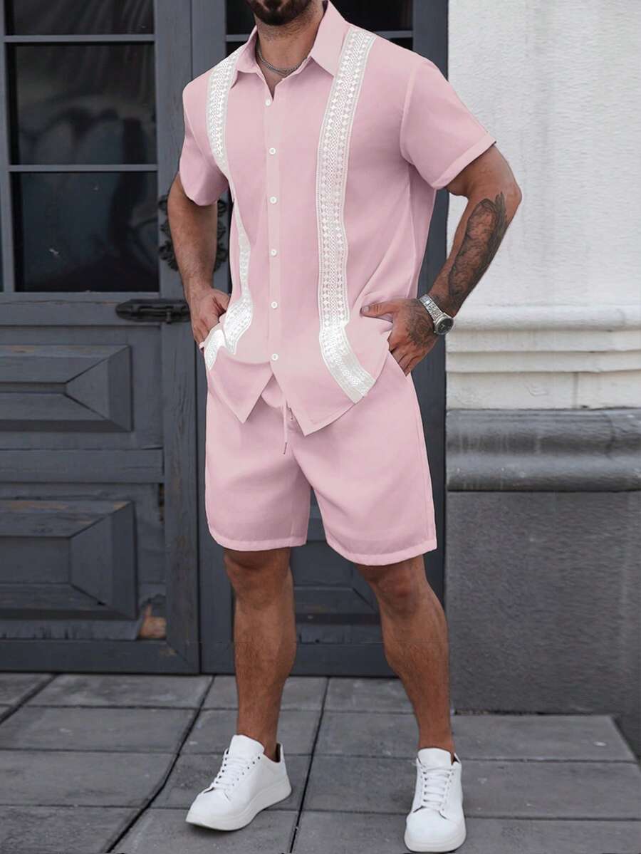 Manfinity CasualCool 男士撞色短袖复古前扣夏季衬衫 - 粉色 - 查看 1