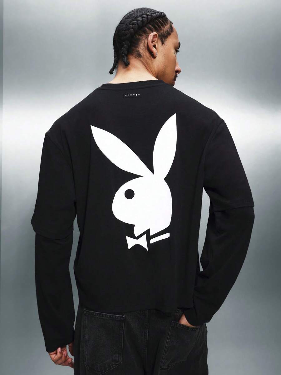 PLAYBOY X SUMWON Logo长袖叠层基本款圆领T恤，休闲街头风印花，常规版型，棉混纺面料。 - 黑色 - 查看 1