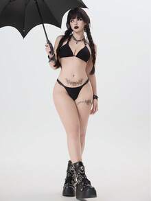 ROMWE Goth Women's New Black Faux Leather Strap Waist Buckle V-Neck Halter Triangle Top And Bottom Bikini Swimsuit 2-Piece Set, Spring/Summer - Black - View 5