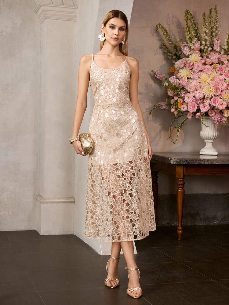 MOTF Soiréza WOMEN SLEEVELESS SPAGHETTI STRAP LACE GOWN, IDEAL FOR WEDDINGS, GARDEN PARTIES, FORMAL DINNERS & COCKTAIL RECEPTIONS