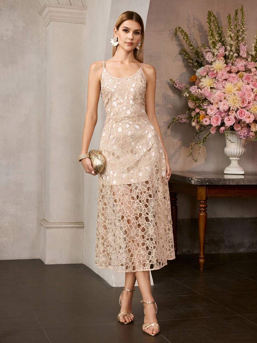 MOTF Soiréza 女士无袖细肩带蕾丝礼服，适合婚礼、花园派对、正式晚宴和鸡尾酒会等场合。 - 香檳色 - 查看 2