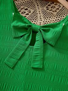 Tween Girls' Spring/Summer Vacation Beach Tropical 3D Bow Round Neck Sleeveless Ruffle Cap Sleeve Sweet Spring Style Mid-Length Dress - Green - View 5