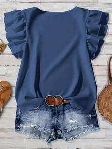 Mellowie Women's Solid Color Round Neck Casual Versatile Daily Ruffle Sleeve Blouse - Dusty Blue - View 3