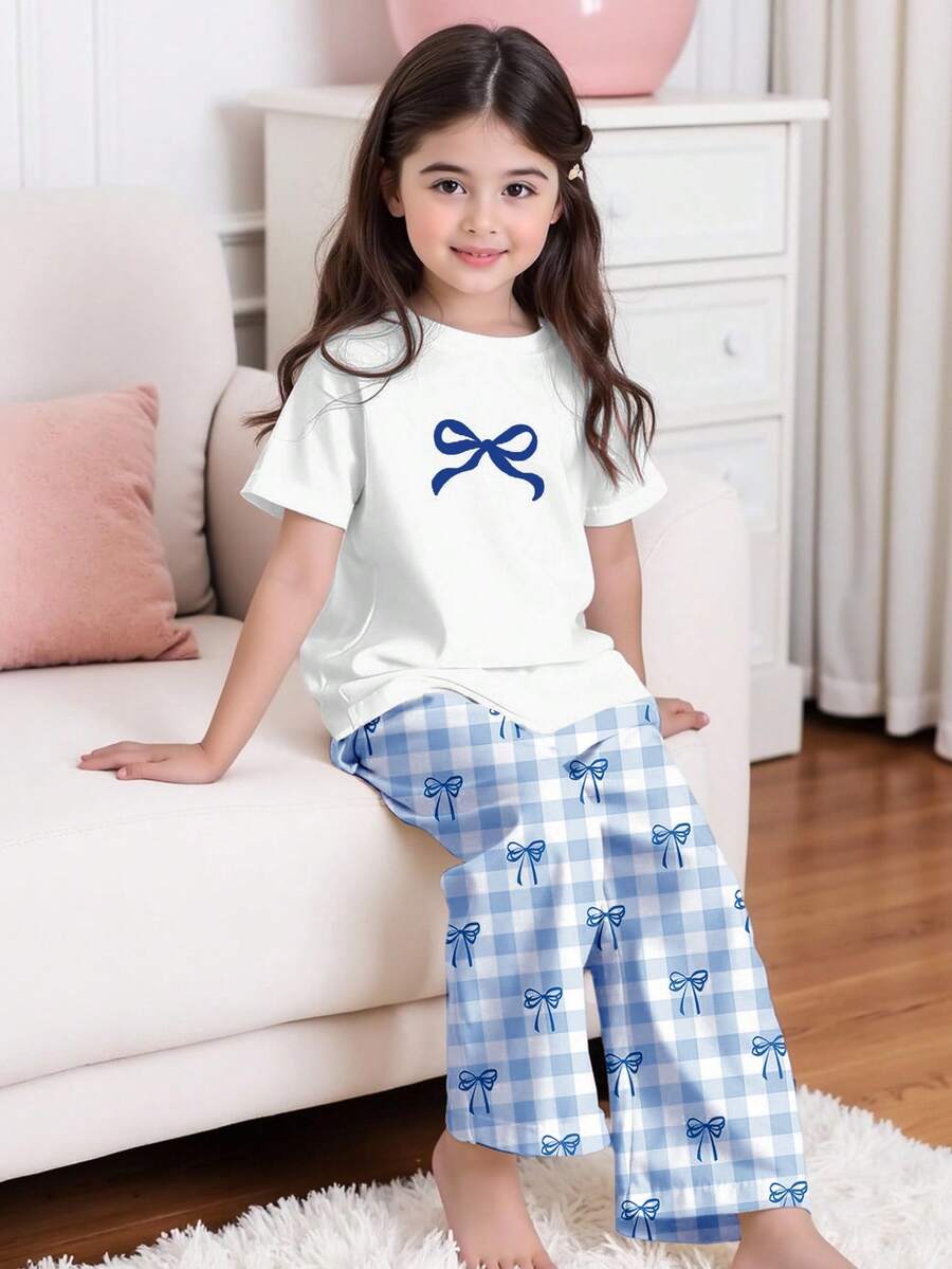 Conjunto de blusa feminina casual minimalista de manga curta com gola redonda e calça folgada, estampa xadrez azul com laços, ideal para o verão. - Multicolorido - Ver 1