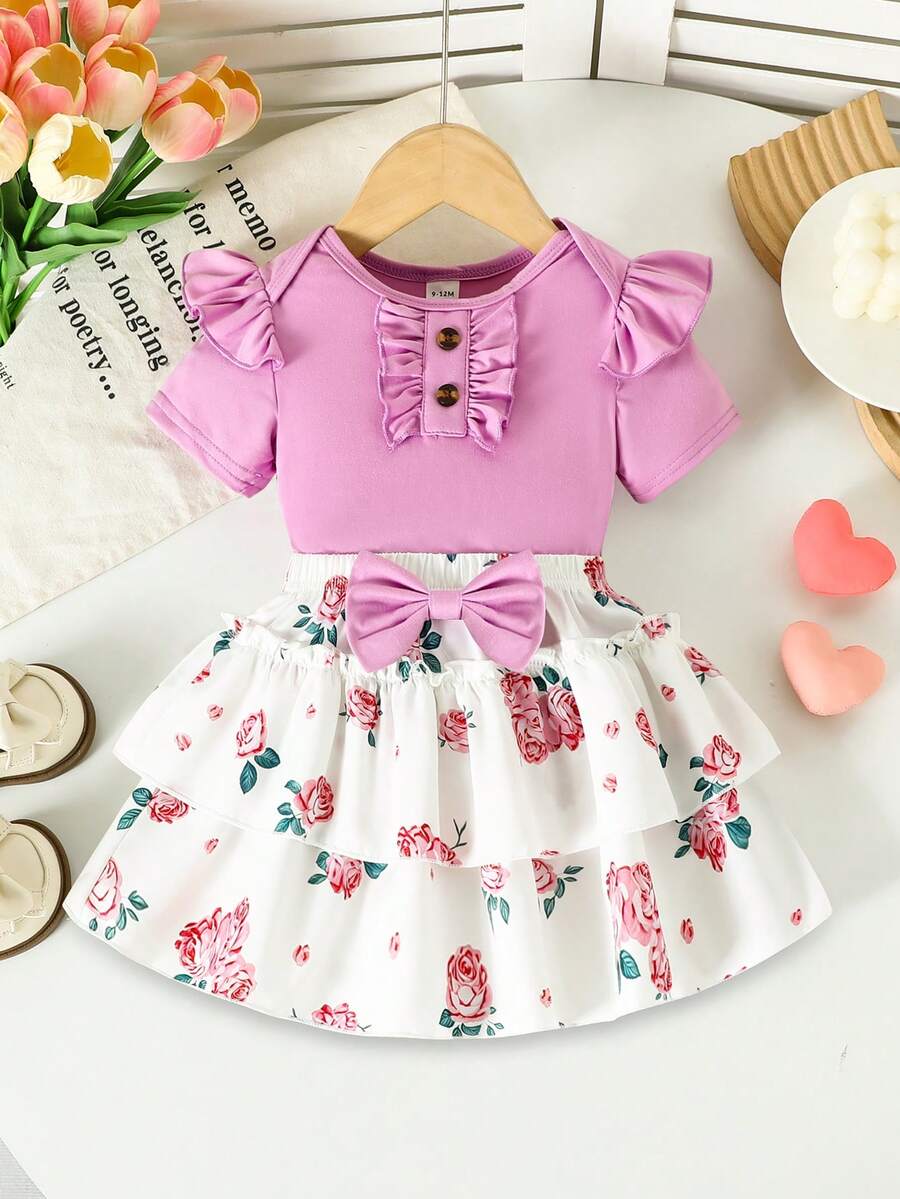 SHEIN 3pcs Baby Girl Sweet Floral Print Bodysuit, Flutter Sleeve Bodysuit, Bowknot Skirt & Headband Set, Summer - Purple - View 1