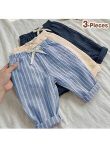 Loomiva 3pcs Baby Boys/Girls Elastic Waist Pants Set With Decorative Ribbon, Versatile & Comfortable For Outings, Street Style, Home, Party,Kids - Multicolor - View 4