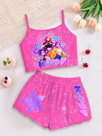 SHEIN 2pcs/Set Young Girls' Fashionable & K-POP Girl Group Letter & Star Print, KPOP Style Printed Clothes, Colorful Cartoon Character