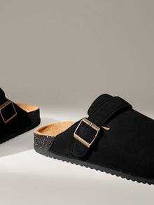 Solecia 女士厚底交叉绑带复古搭扣卡其色凉鞋，休闲假日圣诞节风格 - 靜夜黑色 - 查看 5