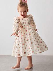 Maija Kids Young Girl Rose Print Puff Sleeve Casual Long Sleeve Dress,Kids - Apricot - View 11