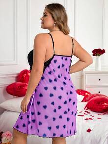 SHEIN CURVE+ Đầm cỡ lớn CURVE PLUS /Ngày Valentine/Đầm hai dây lưới hở lưng phối màu tương phản với ren và họa tiết trái tim gợi cảm, thích hợp cho ngày Valentine. - Màu tím - Xem 2