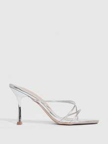 CUCCOO SZL Gold Cross With Square Toe High-Heeled Sandals, Light Luxury Sparkling Style, Thin High Heels + Mirror Metal Material + Open-Toe Design, Suitable For Fashionable Girls Who Party/Date/Daily Go Out Spring Shoes - Silver - View 3