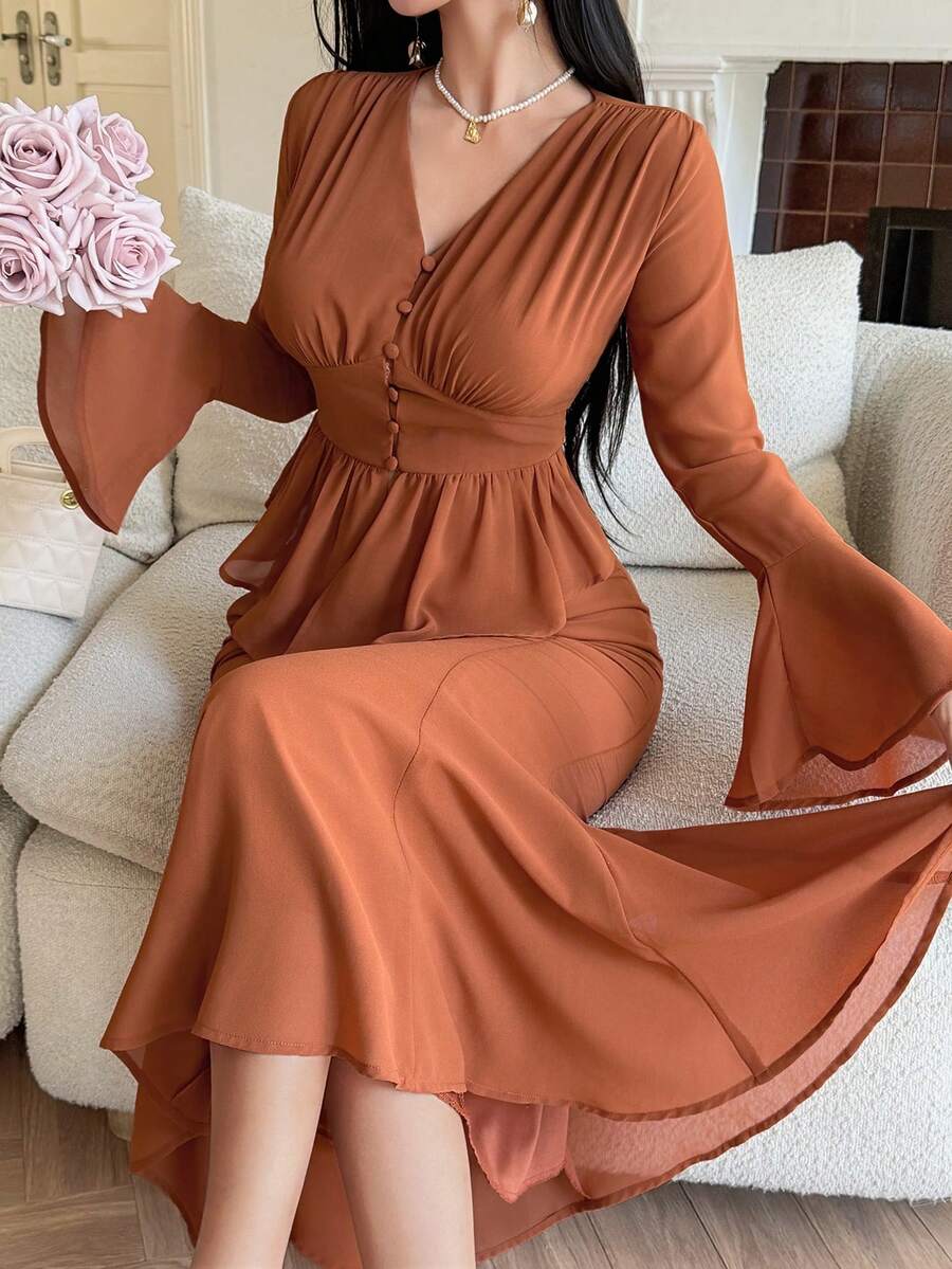 DAZY Elegant & Chic Bell Sleeve Top And Skirt 2 Pieces Set For Women - Coral Orange - View 1