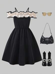 ChillGRL Elegant Ruffled Off-Shoulder Black Slip Dress, Suitable For Outdoor Activities And Casual Daily Wear, Summer Dress - Black - View 2