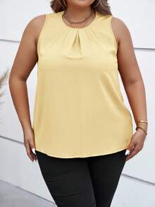 SHEIN Clasi 大码纯色圆领无袖褶皱休闲宽松衬衫 - 奶油色 - 查看 6