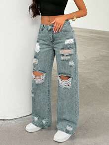 SHEIN Tall Women's Casual Fashion Street Chic Daily Commute Distressed Loose Straight Leg Jeans - Light Wash - View 5