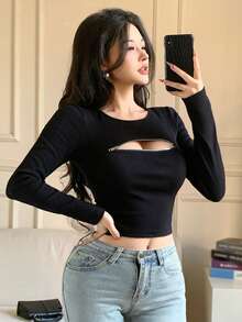 DAZY 休闲修身时尚街头风镂空拉链设计长袖T恤，女士春夏款 - 黑色 - 查看 7