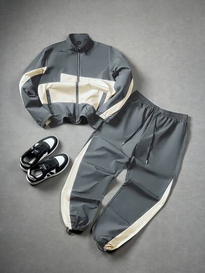 PAVTROS 2 piezas Conjunto de chaqueta y pantalones de manga larga con empalme en negro y blanco para hombres, adecuado para uso diario, actividades al aire libre, deportes, casual, escuela, fiesta, festival de música, gran regalo para amigos y novios