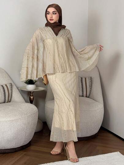 DAZY Vestido con mangas de campana y estilo capa dorado brillante para primavera y verano, elegante para el Día de San Valentín, boda, fiesta, banquete, evento de moda, uso diario. Vestido largo de cola de sirena con estampado floral y mangas largas para mujeres