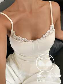 DAZY Lace Patchwork Camisole Top With Built-In Padded Bra For Women - Beige - View 1