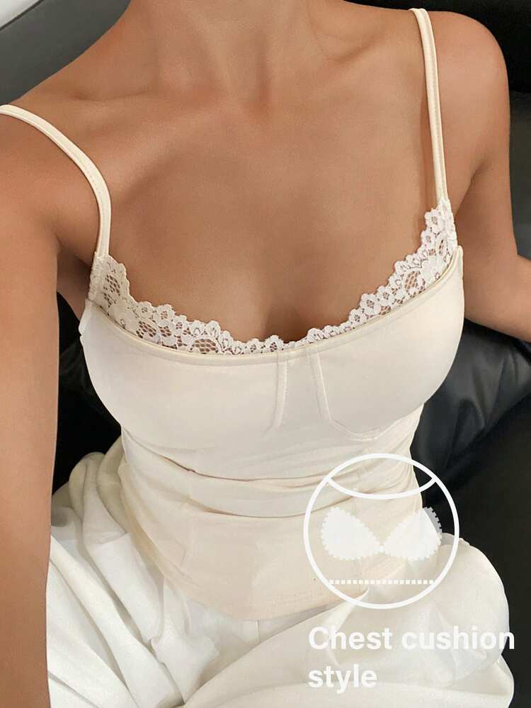 Lace Patchwork Camisole Top With Built-In Padded Bra For Women