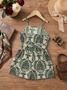 SHEIN Girls Casual Printed Jumpsuit With Belt, Suitable For Daily Wear - Green - View 2