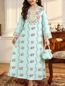 Tween Girls Vintage Floral Pattern Elegant V-Neck Gold Embroidery Print Trim Dress, Light Green - Multicolor - View 8