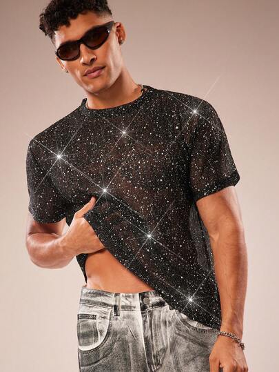 FeverCity Men's Round Neck Short Sleeve Shiny Fashion T-Shirt, Summer