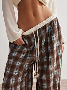 Bohemela Women's Casual Loose Fit Plaid Wide Leg Pants - Blue - View 6