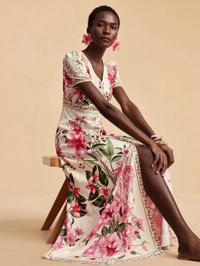 Travachic Women's Casual Floral Print Dress For Vacation, Spring To Summer, Valentine's Day,Vacation Casual Terno Outfit For Women,Summer Holiday Outfits,Spring Break Outfits,Party Outfit,Beach Outfit,Spring Clothing,Valentine's Day,Valentine Outfits For Women,Carnival Costume,Elegant,Floral,Carnival,Spring To Summer ,Party ,Summer Dress,Valentine's Day Dress,Wedding Guest Dress For Women,Birthday Dress,Party Dress,Elegant Dresses For Women,Floral Dress,Summer Dress,Carnival Costume, Mexican Style Dress Women Boho Dress For Women