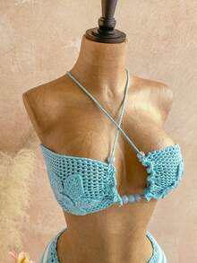 Soleia Women's Solid Color Halter Tie Backless Knit Top And Drawstring Waist Knit Mini Skirt Sexy 2-Piece Set For Vacation & Date - Blue - View 4