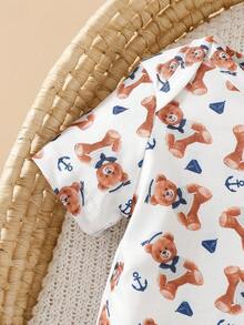 SHEIN Conjunto de 2 piezas para bebé niño: camiseta casual con estampado de oso lindo y peto con oso 3D, apto para uso al aire libre, verano - azul real - Ver 6