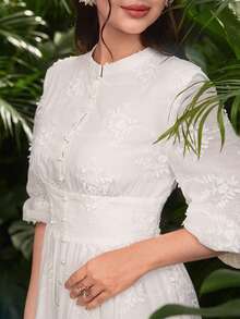 Modelyn Women's Stand Collar Pearl Button Waist Lantern Sleeve Midi Dress - White - View 7