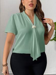 Firerie Plus Size Solid Color Ribbon Collar Short Sleeve Casual Minimalist Shirt - Mint Green - View 3