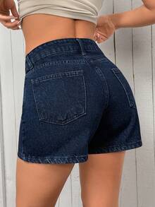 EURMUSE Women's High-Rise Casual Dark Blue Denim Shorts With Pockets - Navy Blue - View 2