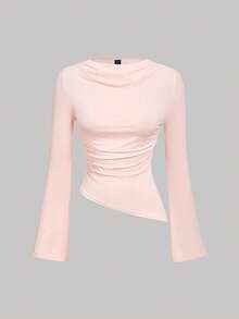 SHEIN MOD Crew Neck Ruched Flare Sleeve Cinched Waist Asymmetric Hem Burgundy Versatile T-Shirt - Pink - View 1