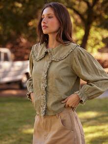 WESTFADE Cotton Blend Chambray Ruffle Collar Long Sleeve Button Up Shirt Cute Fall Tops, Country Concert, Autumn, Winter, Boho, Casual, Cute - Olive Green - View 4